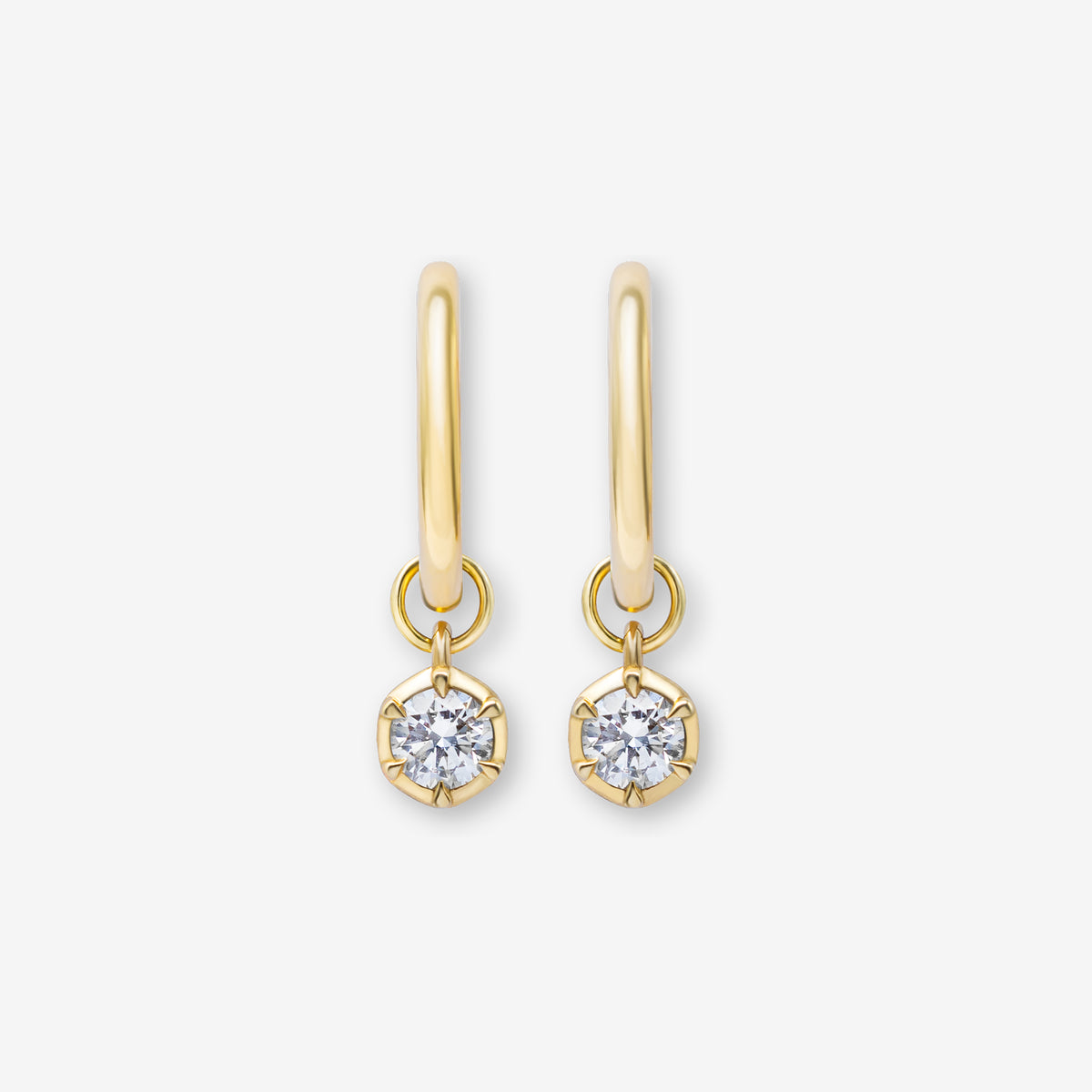 Pair of 9K gold small hoop earrings with removable lab-grown diamond drops from the Essential Diamond Collection by BY TONIN, designed in NZ. Perfect for everyday wear or gifting.