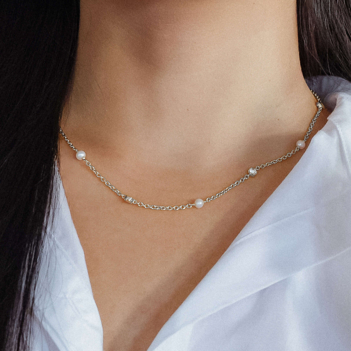 La Clara Pearl and Topaz Station Necklace