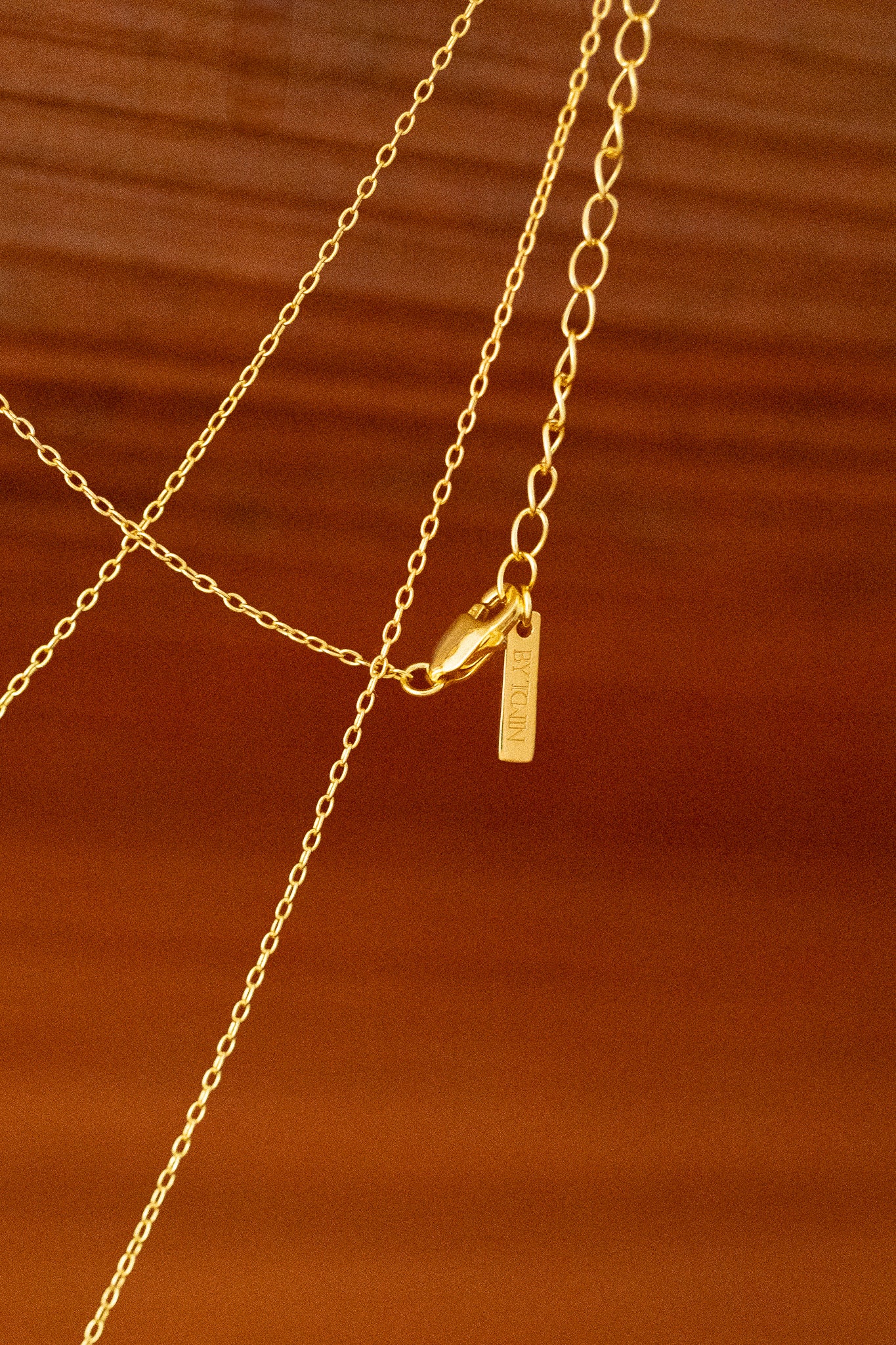 A close-up, high-angle shot of a delicate gold chain necklace with a lobster clasp and a small rectangular tag reading "BY TONIN" on the extender chain. The necklace is lying on a polished wooden surface, and several other delicate gold chains are visible in the background, creating a layered effect.