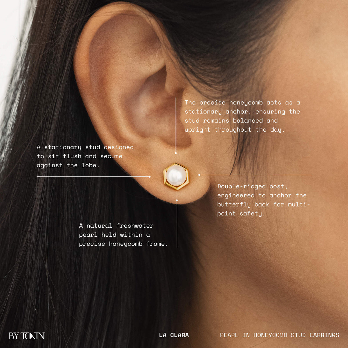 Pearl stud earring worn, with close-up of ear and text description of earring design.