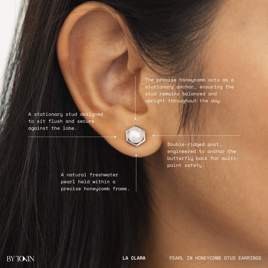 Pearl stud earring worn, with close-up of ear and text description of earring design.