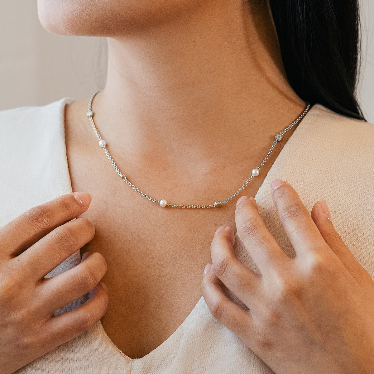 La Clara Pearl and Topaz Station Necklace