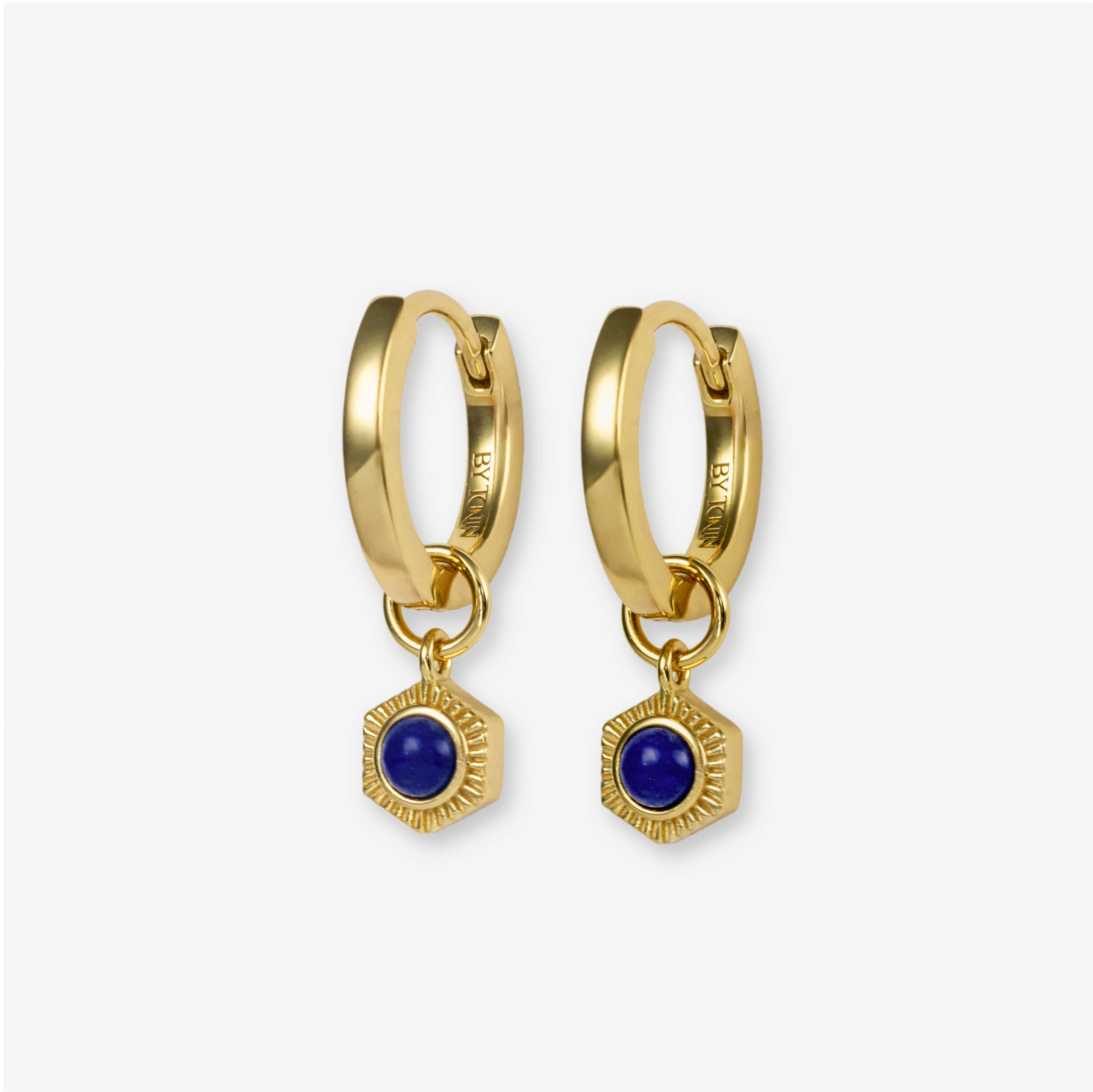 BY TONIN Bel e Viv gold hoop earrings with dazzling hexagonal blue lapis lazuli charms.