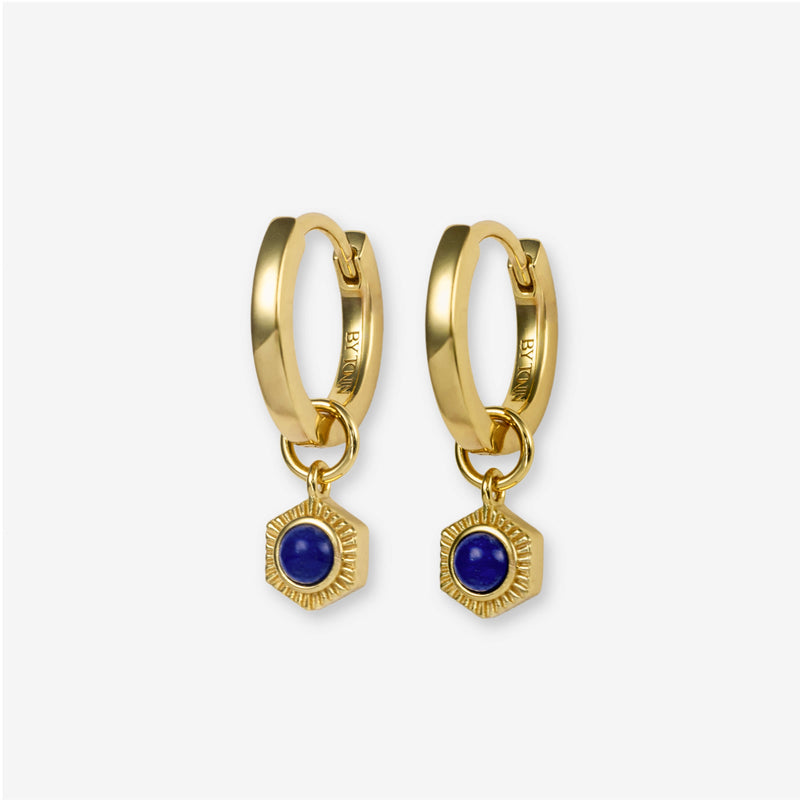 BY TONIN Bel e Viv gold hoop earrings with dazzling hexagonal blue lapis lazuli charms.