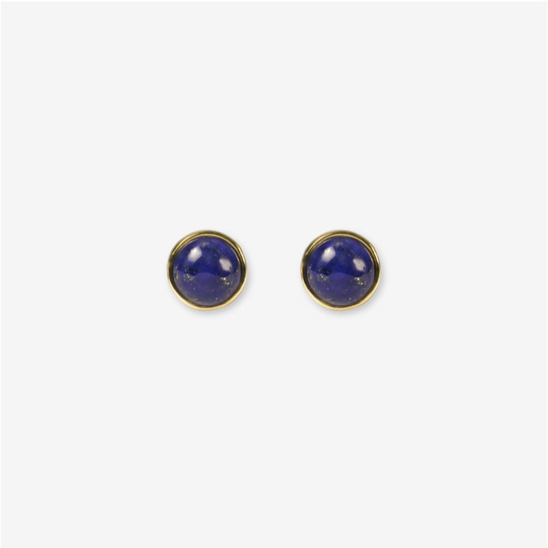 Illuminate your look with BY TONIN's Bel e Viv gold round stud earrings, showcasing captivating deep blue lapis lazuli on a crisp, light grey background for timeless appeal.