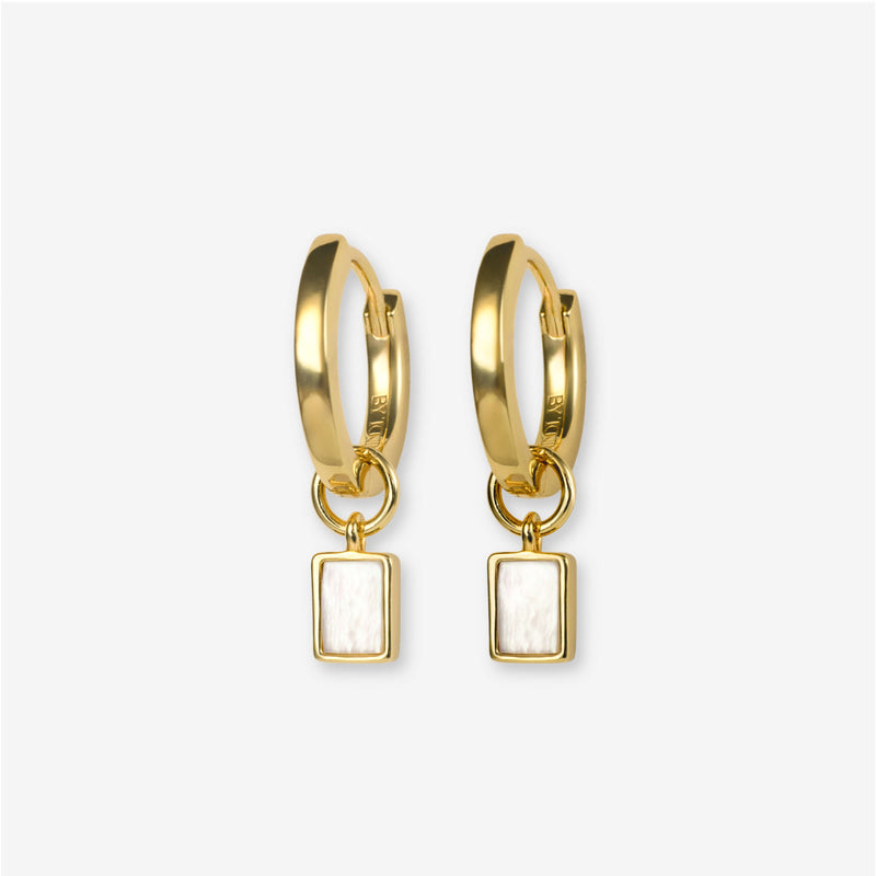 BY TONIN Heritage gold mini hoop earrings with rectangular mother of pearl charms