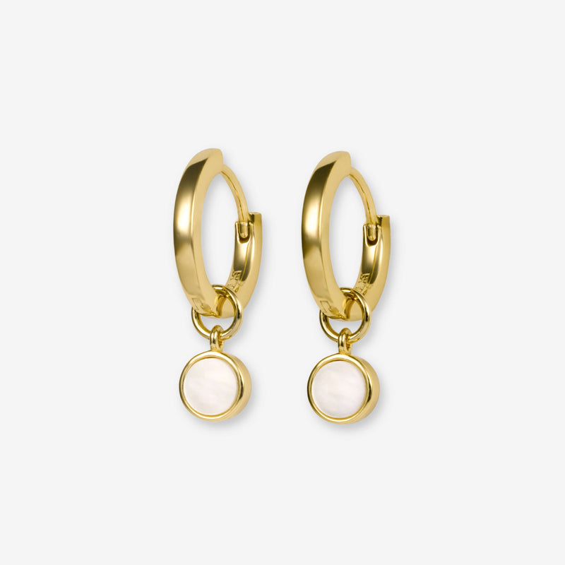 BY TONIN Heritage gold round hoop earrings with luminous circular mother of pearl charms.