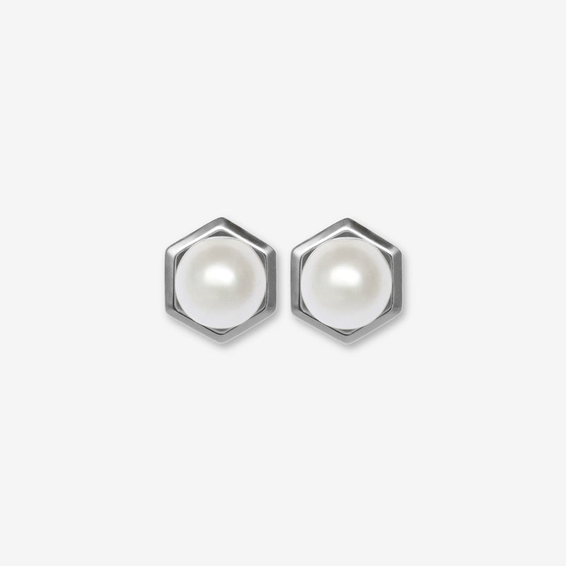 Hexagonal earrings with pearl centers on a white background