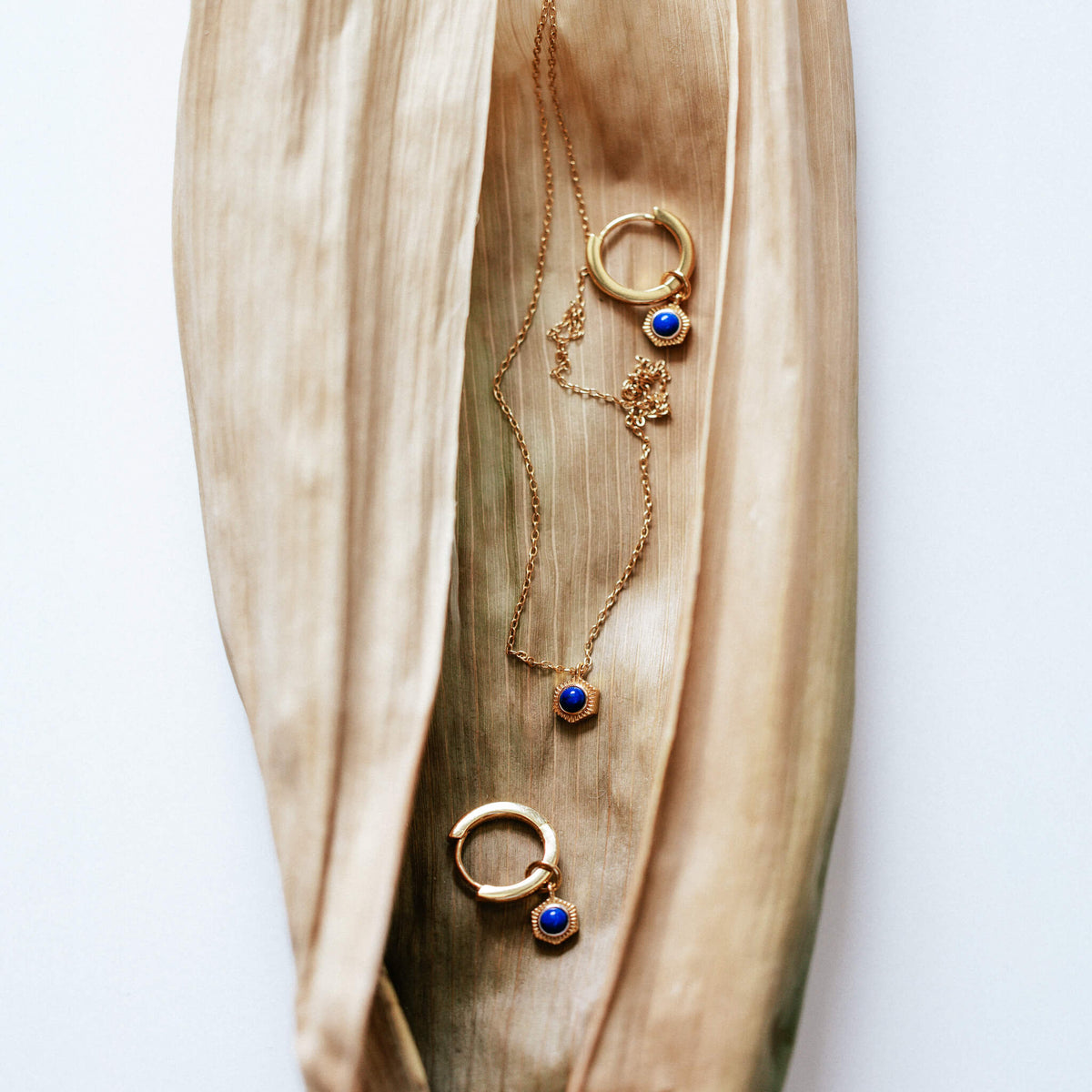 Set - Lapis Lazuli pendant necklace and huggie hoop earrings set on a dried plant husk.