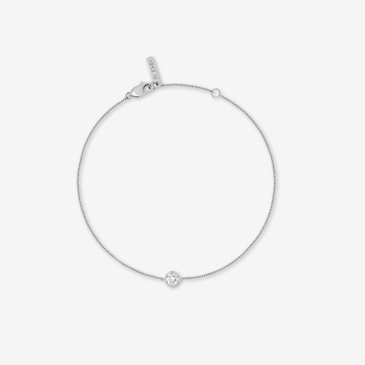 Studio product shot from the Essential Diamond Collection by BY TONIN, designed in NZ. A minimalist 925 sterling silver chain bracelet featuring a solitary brilliant-cut lab-grown diamond.