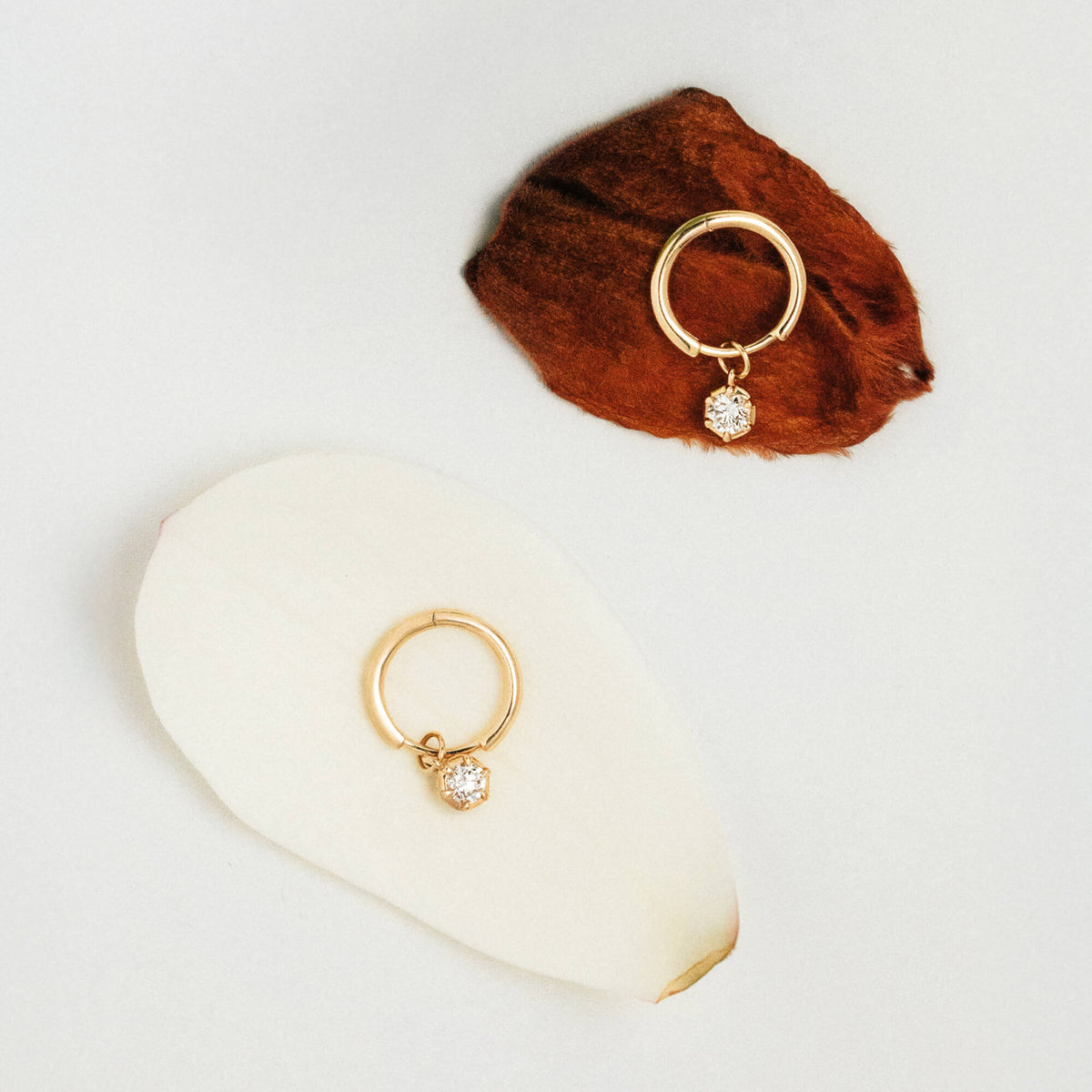 Two gold hoop earrings with small lad diamonds, displayed on a white background with decorative organic-shaped props, one brown and one cream.