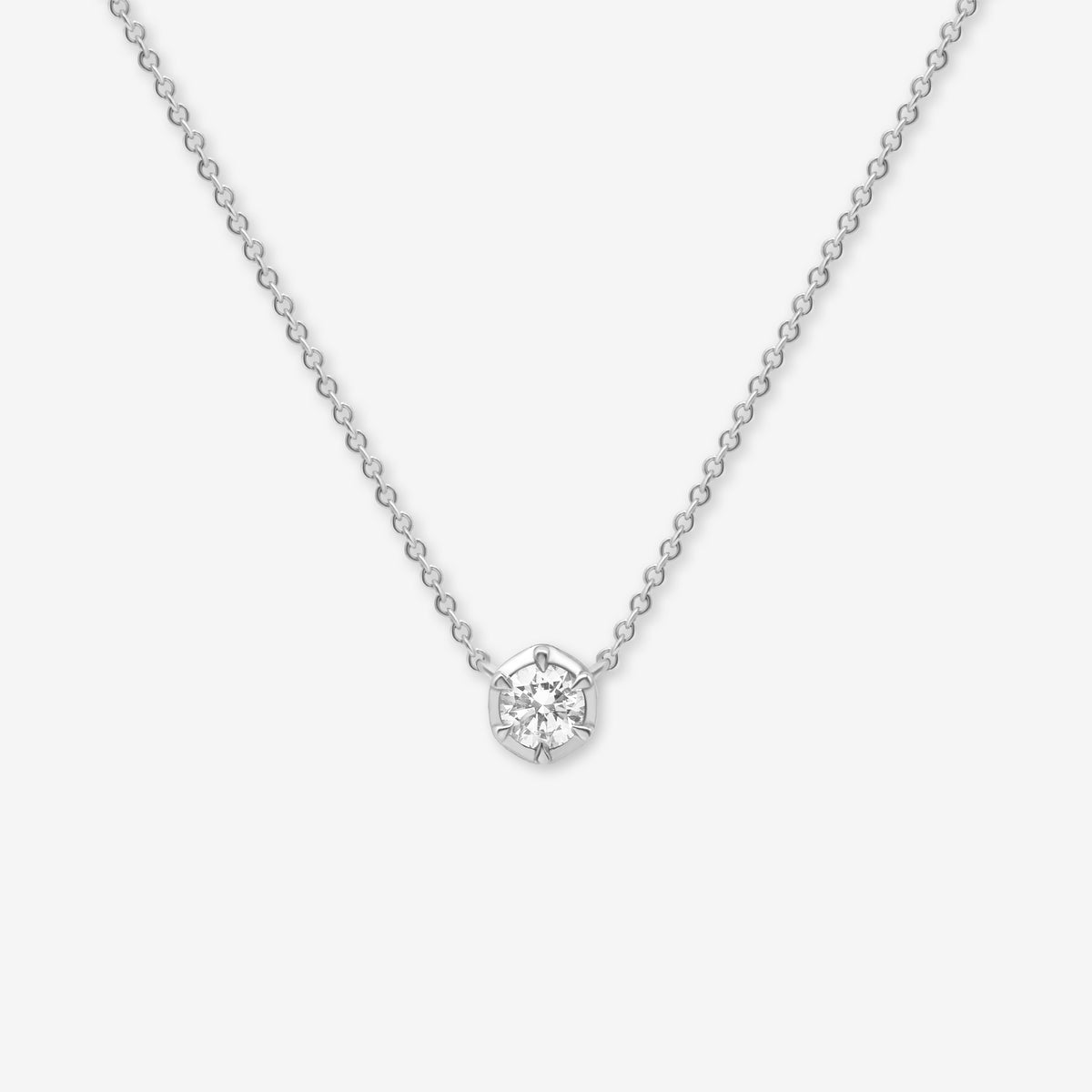 Front view of the 925 sterling silver pendant necklace from the Essential Diamond Collection by BY TONIN, designed in NZ. A delicate silver chain necklace featuring a single lab-grown diamond drop.