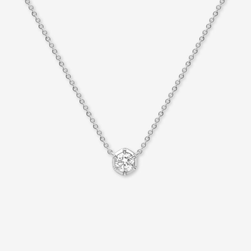 Front view of the 925 sterling silver pendant necklace from the Essential Diamond Collection by BY TONIN, designed in NZ. A delicate silver chain necklace featuring a single lab-grown diamond drop.