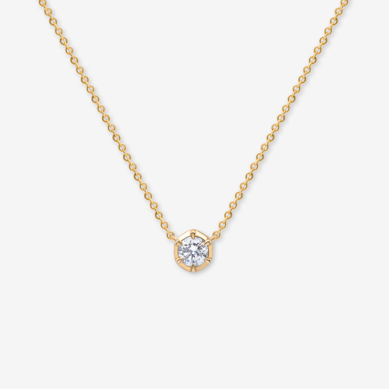 Front view of the 9K gold pendant necklace from the Essential Diamond Collection by BY TONIN, designed in NZ. Displays a brilliant-cut lab-grown diamond on a fine, minimalist gold layering chain.