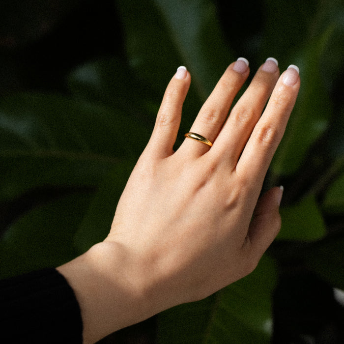 Adorn your hand with BY TONIN's Heritage slim gold dome ring, elegantly worn against a vibrant green leafy backdrop, perfect for sophisticated stacking.
