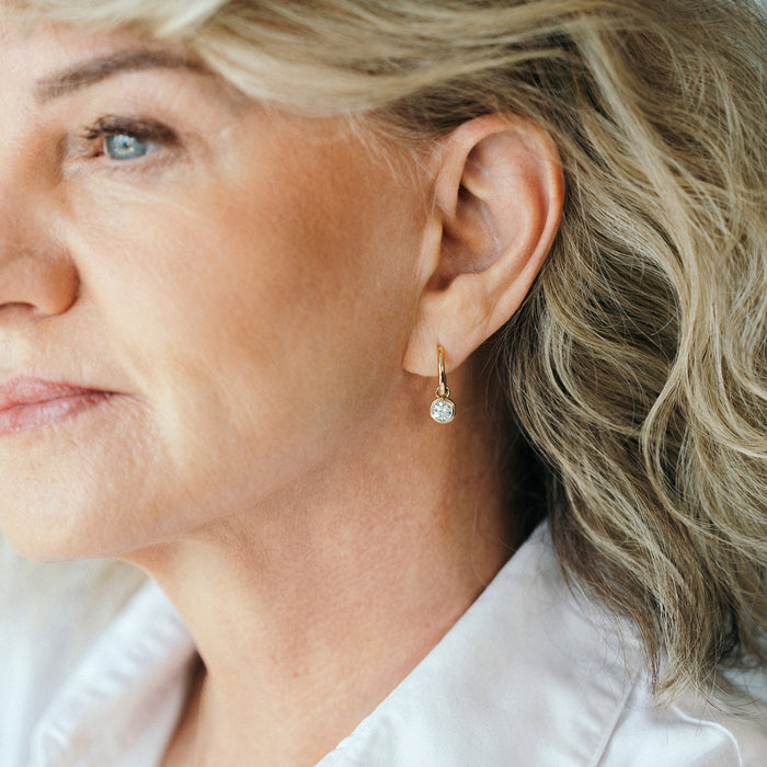 Model showing side profile view of BY TONIN solid gold solitaire lab grown diamond drop earrings, luxury New Zealand jewellery.